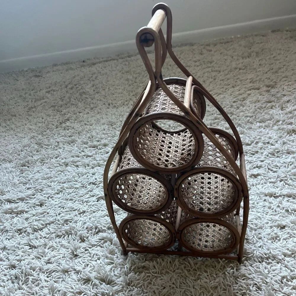Vintage Wicker Wine Holder Rack/ Bent Bamboo and Rattan 5 Bottle Wine Rack with